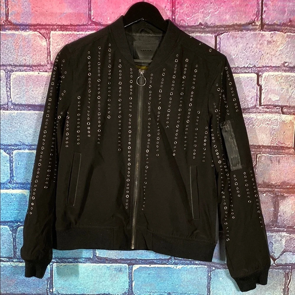 BLANKNYC Black L Studded Grommet Bomber Jacket O-Ring Zip Streetwear Punk Style - Picture 1 of 8
